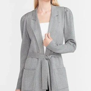 Express Collared Belted Puff Sleeve Sweater Jacket